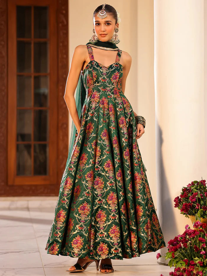 Viyanka Kimkhab Green Anarkali Set