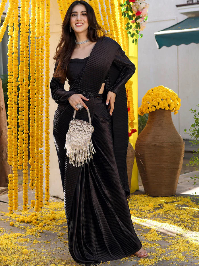 Black Pre-Draped Saree