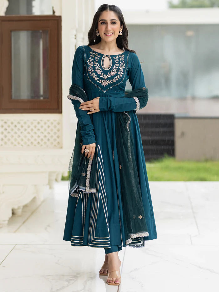 Viyanka Cotton Teal Anarkali Set