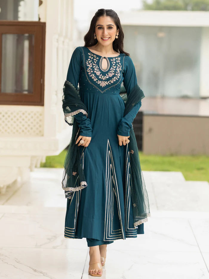 Viyanka Cotton Teal Anarkali Set
