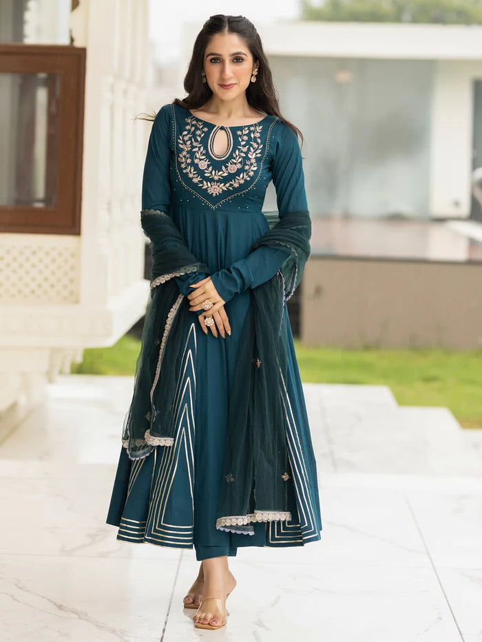 Viyanka Cotton Teal Anarkali Set