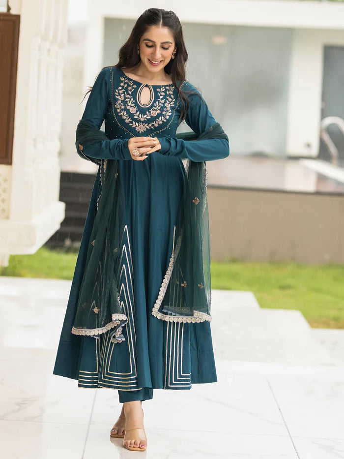 Viyanka Cotton Teal Anarkali Set