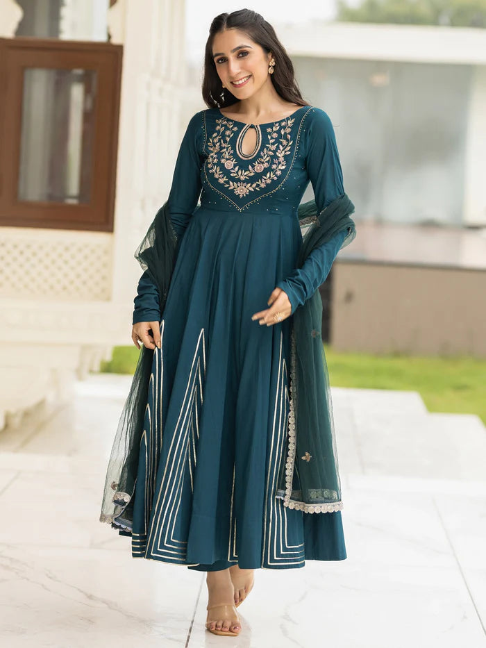 Viyanka Cotton Teal Anarkali Set