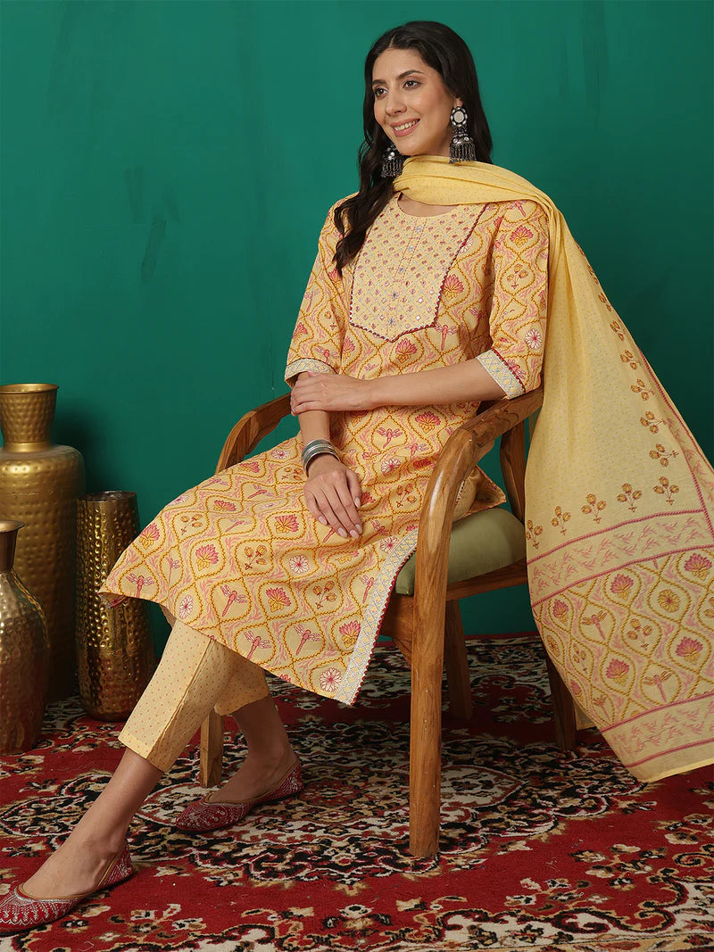 Viyanka Yellow Cotton Printed Kurta Set