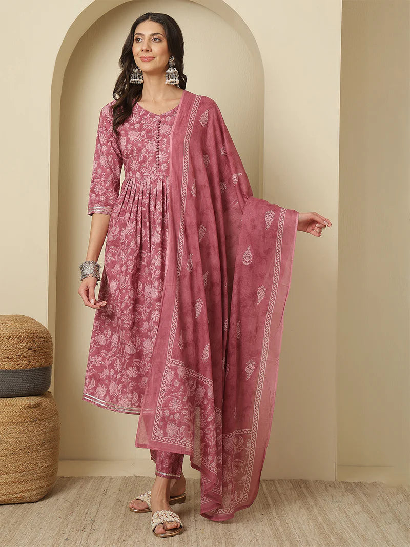 Viyanka Cotton Printed Nayra Cut Kurta Set