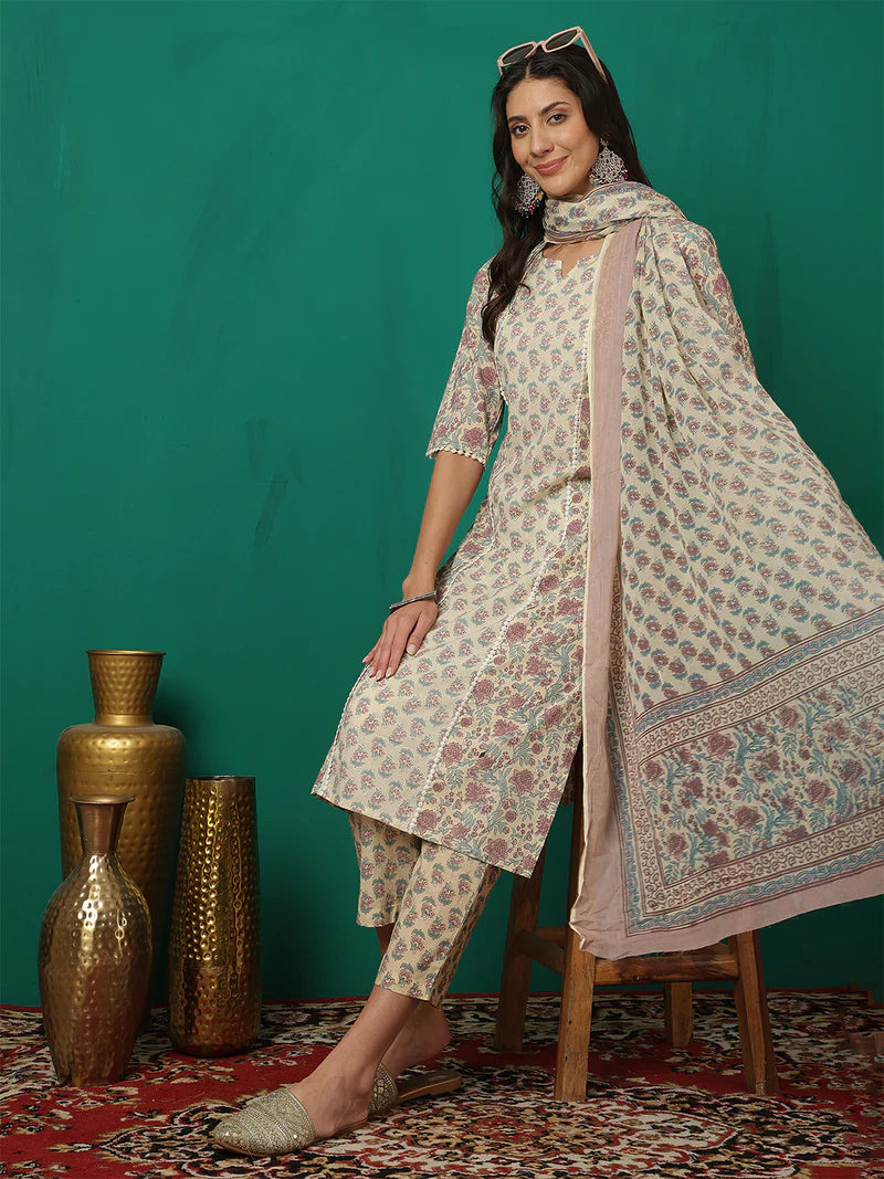 Viyanka Off-White Cotton Printed Kurta Set