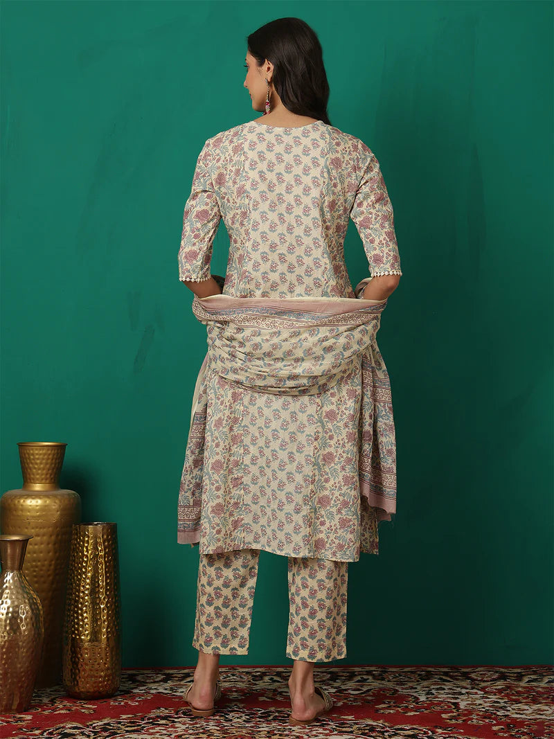 Viyanka Off-White Cotton Printed Kurta Set
