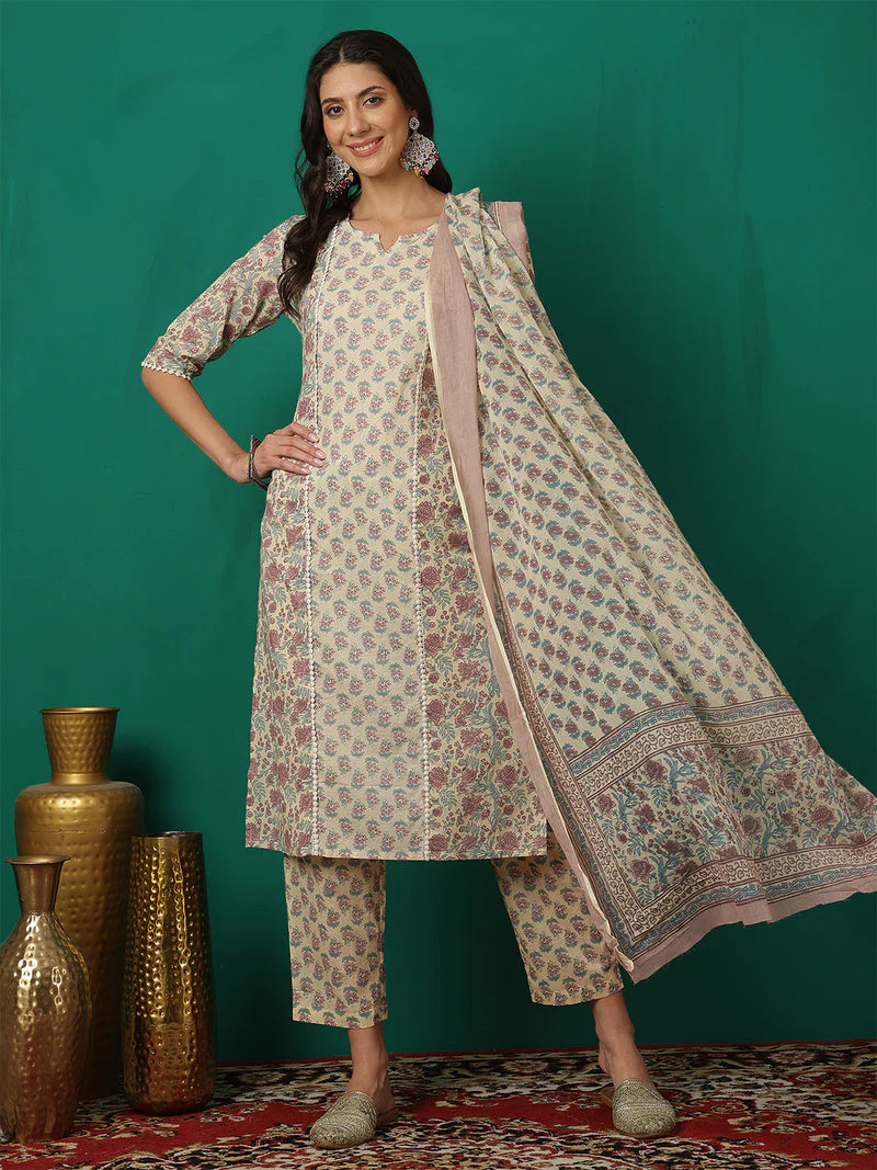 Viyanka Off-White Cotton Printed Kurta Set