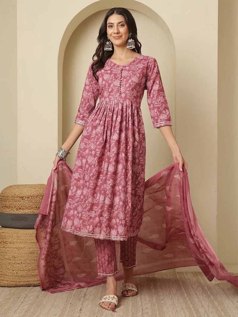 Viyanka Cotton Printed Nayra Cut Kurta Set