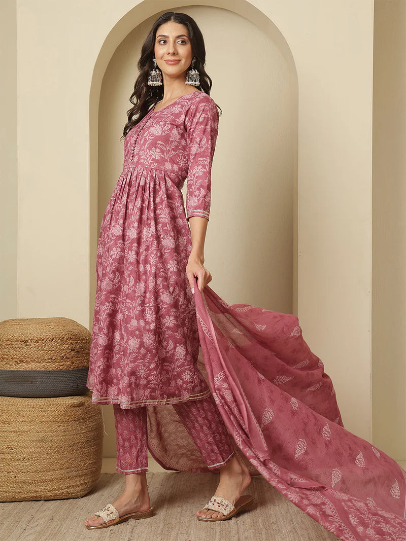 Viyanka Cotton Printed Nayra Cut Kurta Set