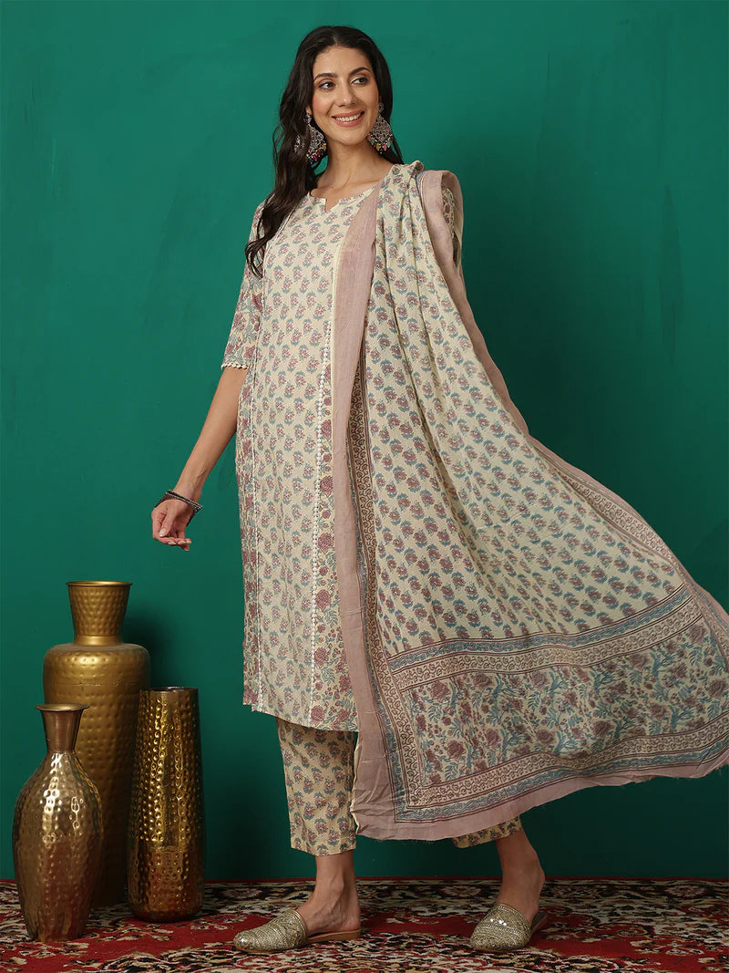 Viyanka Off-White Cotton Printed Kurta Set