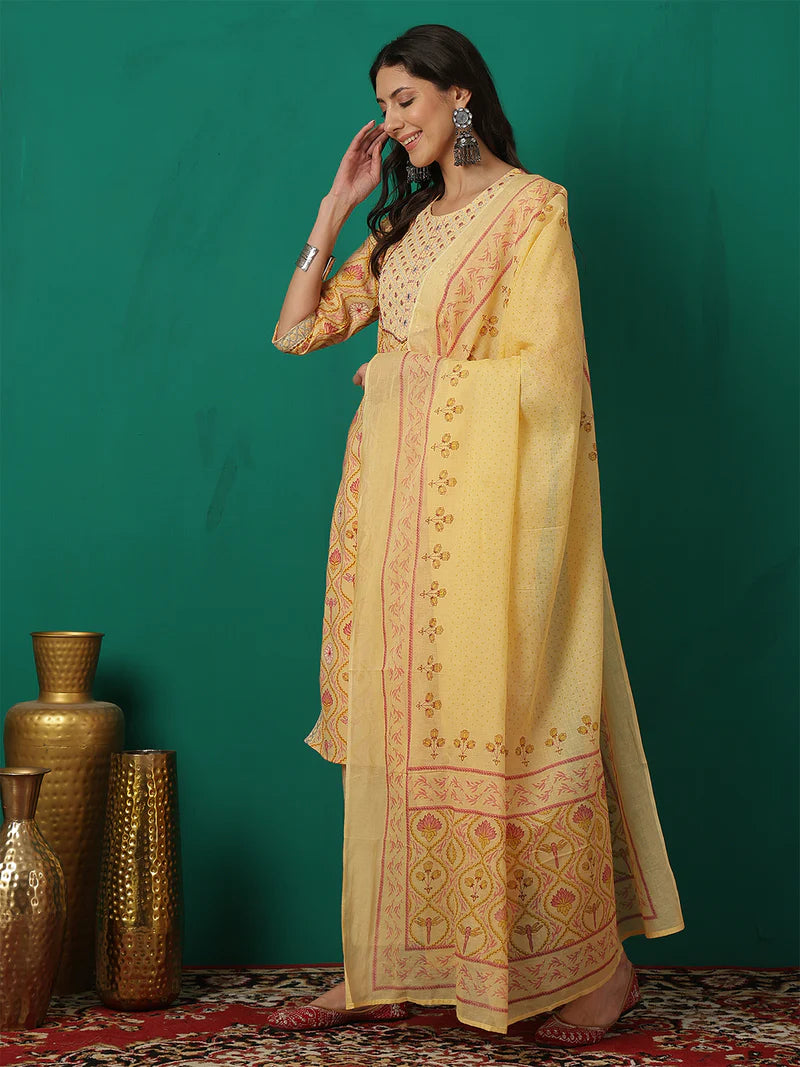 Viyanka Yellow Cotton Printed Kurta Set