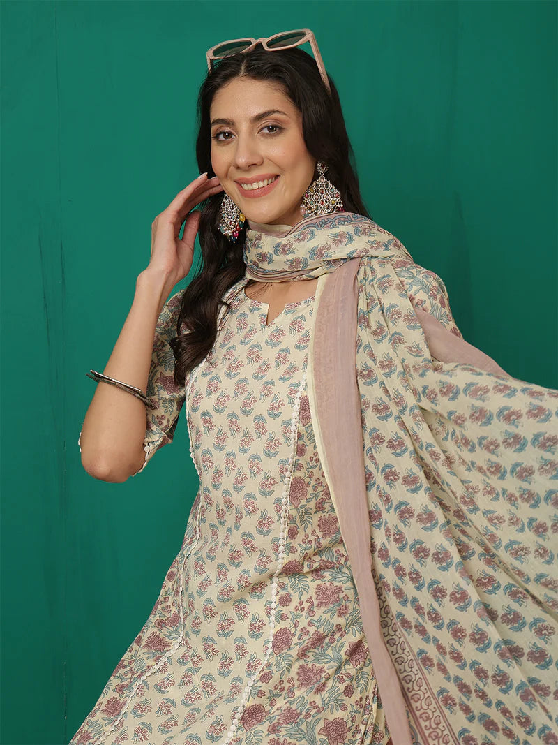 Viyanka Off-White Cotton Printed Kurta Set