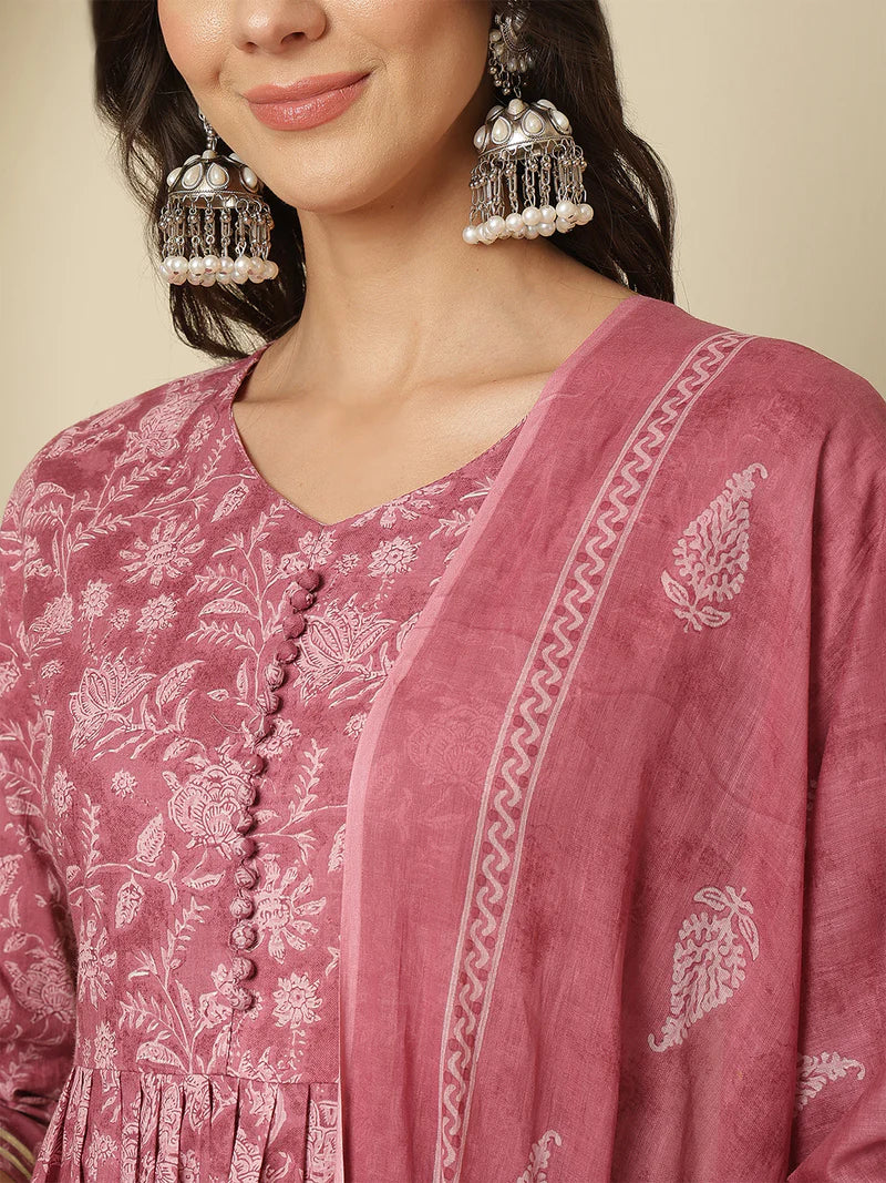 Viyanka Cotton Printed Nayra Cut Kurta Set