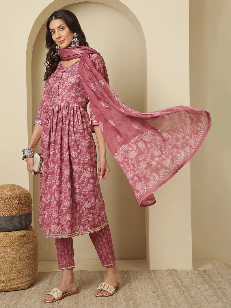 Viyanka Cotton Printed Nayra Cut Kurta Set