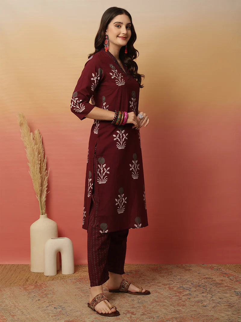 Viyanka Maroon Cotton Printed Kurta Set