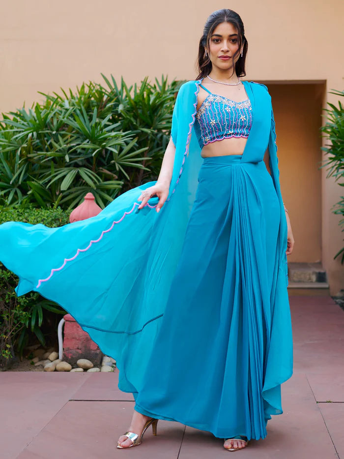 Teal Pre-Draped Saree