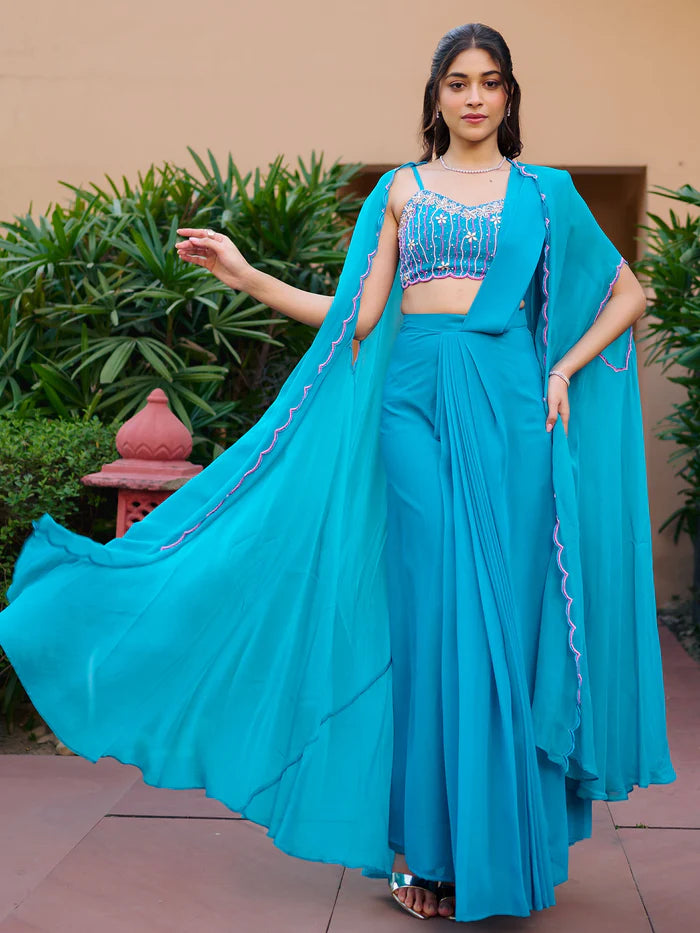 Teal Pre-Draped Saree