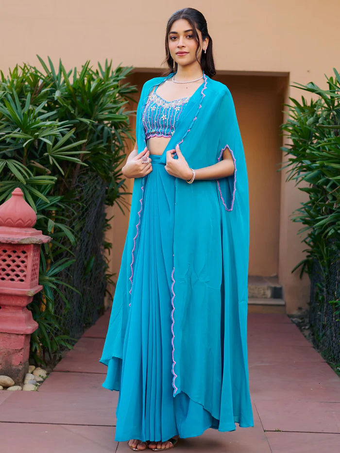 Teal Pre-Draped Saree
