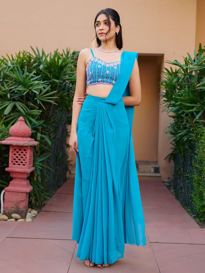 Teal Pre-Draped Saree