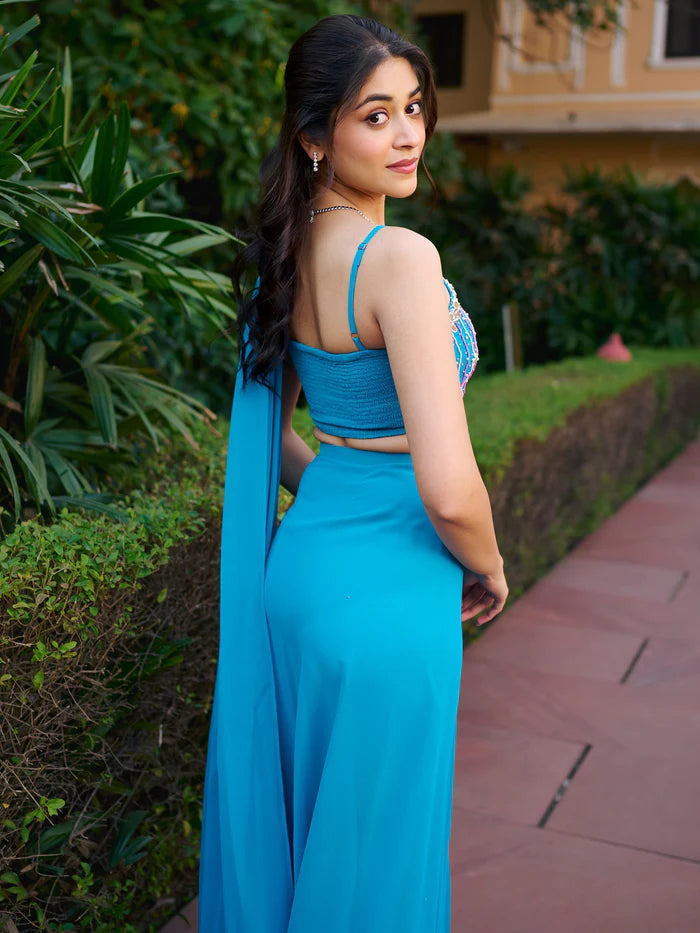 Teal Pre-Draped Saree