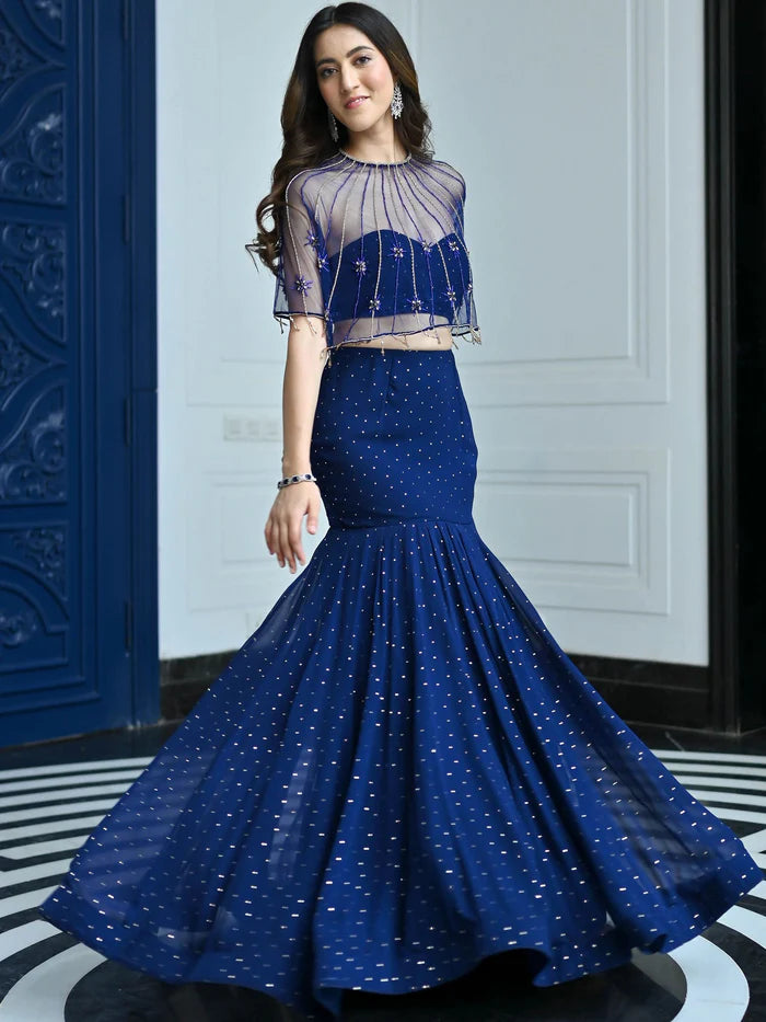 Midnight blue georgette festive lehenga set for women by Viyanka Collections