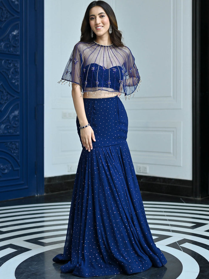 Midnight blue georgette festive lehenga set for women by Viyanka Collections