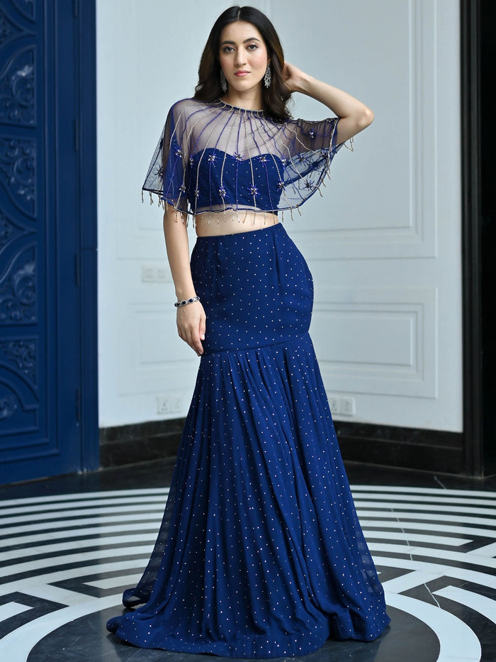 Midnight blue georgette festive lehenga set for women by Viyanka Collections