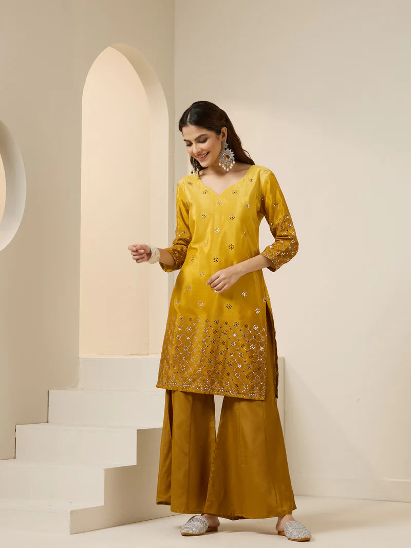 Viyanka Mustard Poly Silk Foil Printed Kurta Set
