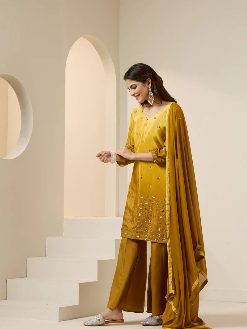 Viyanka Mustard Poly Silk Foil Printed Kurta Set