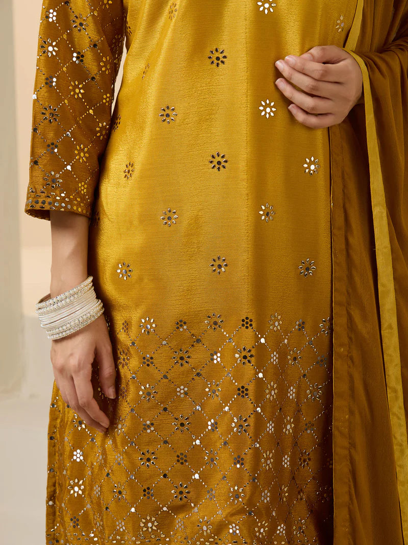 Viyanka Mustard Poly Silk Foil Printed Kurta Set