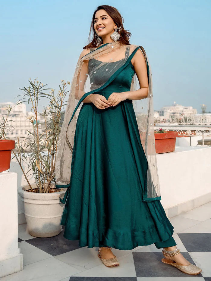 Green Silk Festive Anarkali Suit Set for Women