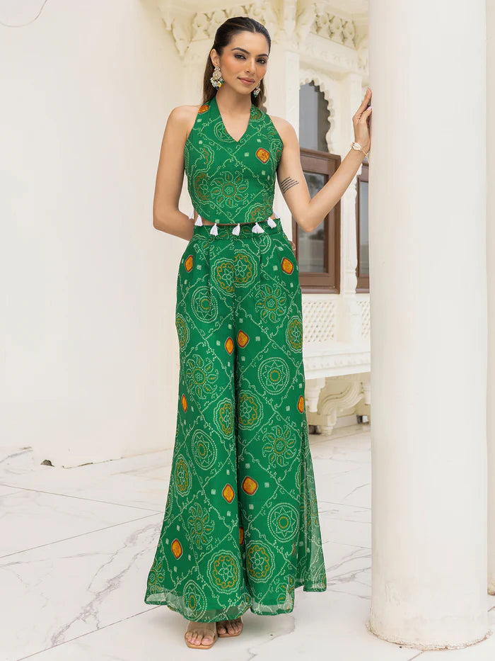 Teej Green Bandhej Georgette Jumpsuit for Women | Viyanka