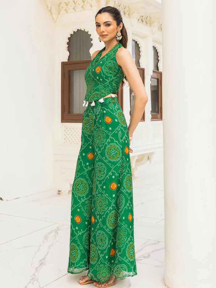 Teej Green Bandhej Georgette Jumpsuit for Women | Viyanka
