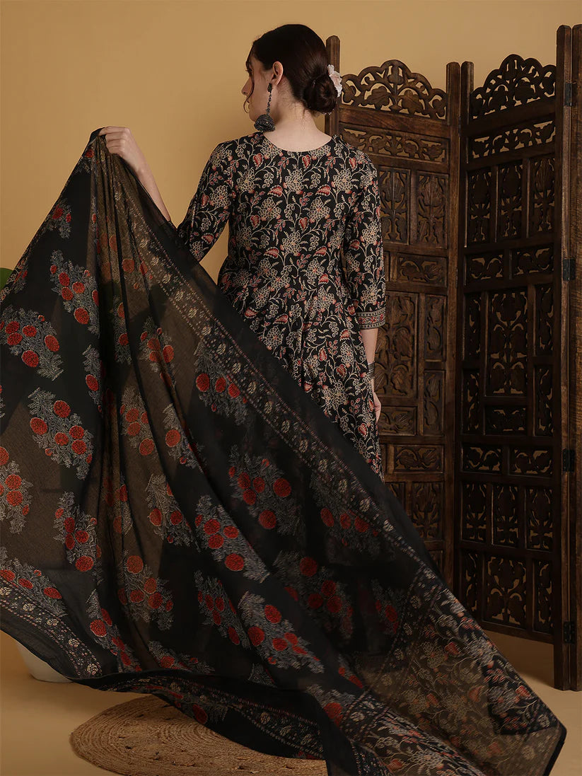 black printed cotton a line kurta set with dupatta