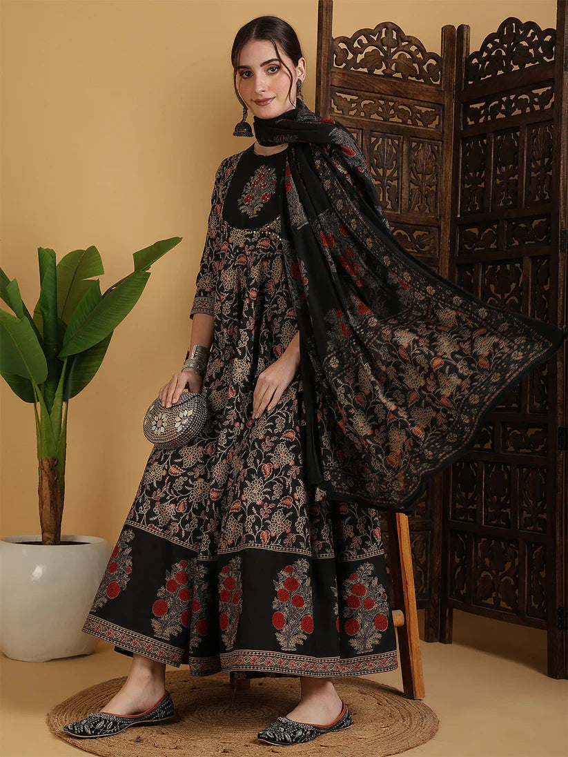 black printed cotton a line kurta set with dupatta
