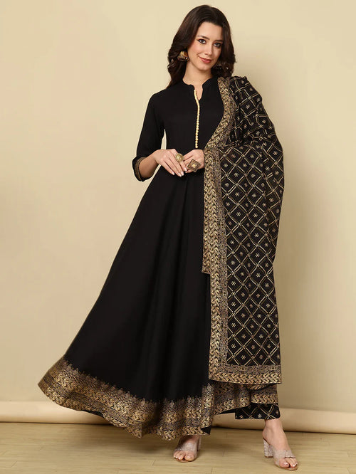black printed anarkali kurta palazzo set with dupatta