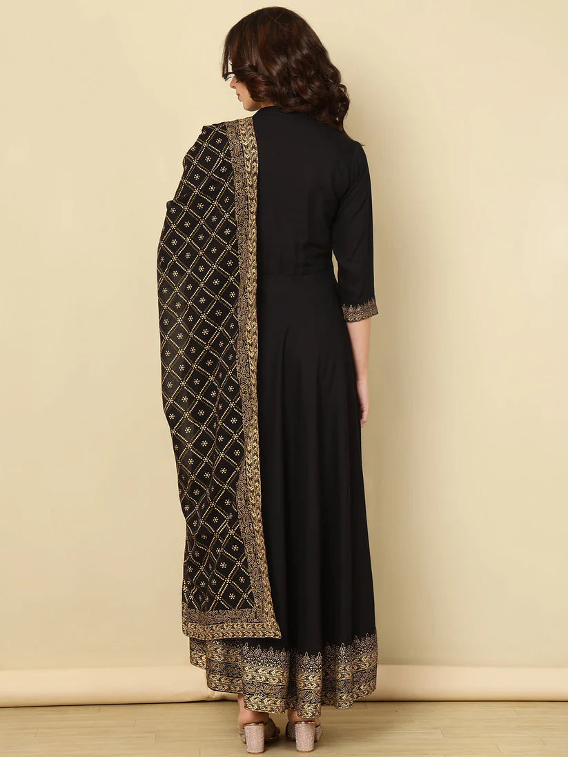 black printed anarkali kurta palazzo set with dupatta