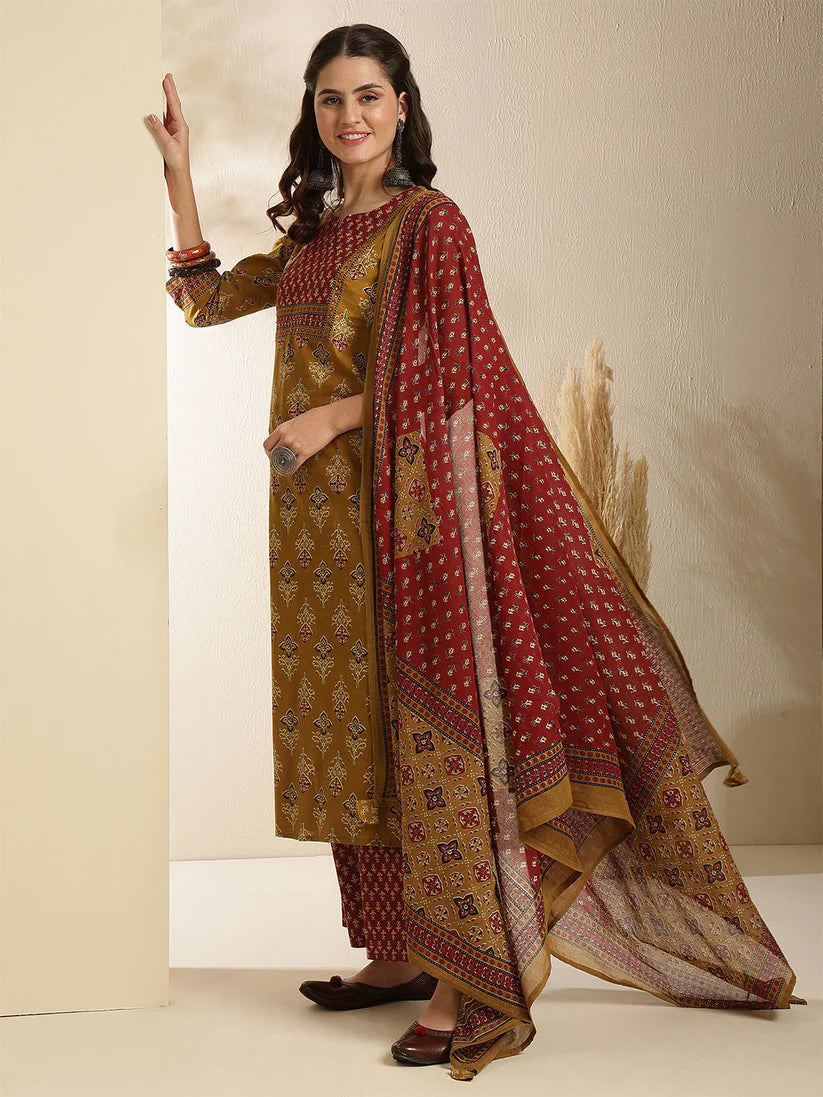 mustard cotton kurta palazzo set with dupatta for women
