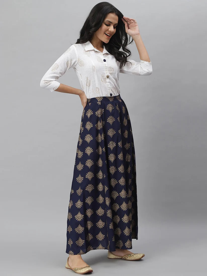 off white blue gold printed shirt skirt set for women