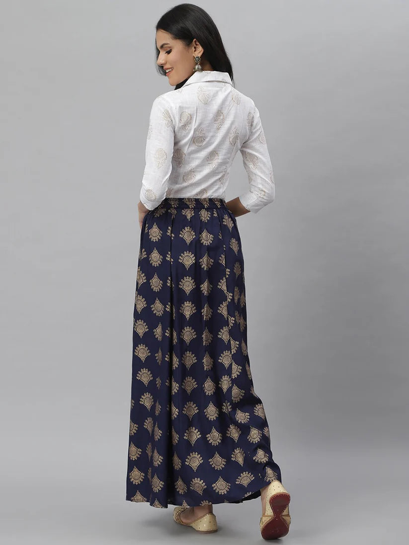off white blue gold printed shirt skirt set for women