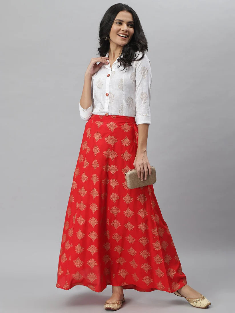 Viyanka Off White & Blue Gold Printed Shirt Skirt Set for Women  Cotton Slub Top with Rayon Skirt