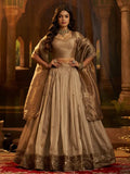 Beige and brown organza silk reception lehenga set for women by Viyanka Collections
