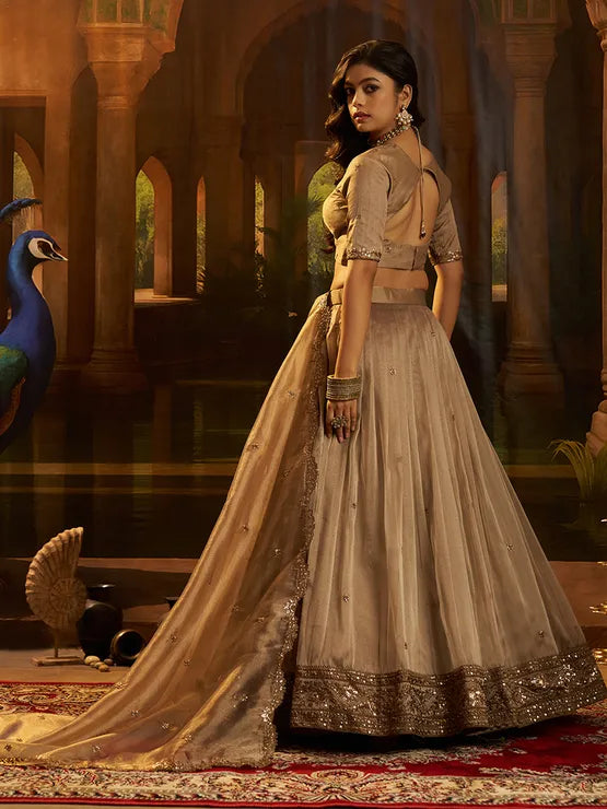 beige brown organza silk reception lehenga viyanka