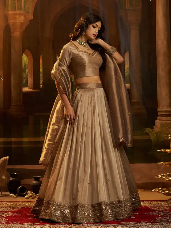 beige brown organza silk reception lehenga viyanka