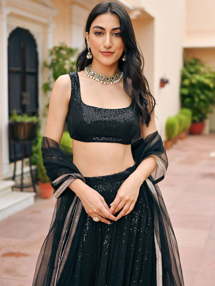 Black sequin festive lehenga set for women by Viyanka Collections
