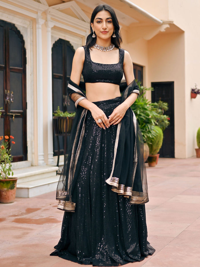 Black sequin festive lehenga set for women by Viyanka Collections

