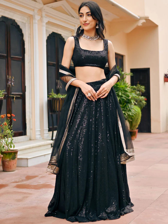 Black sequin festive lehenga set for women by Viyanka Collections
