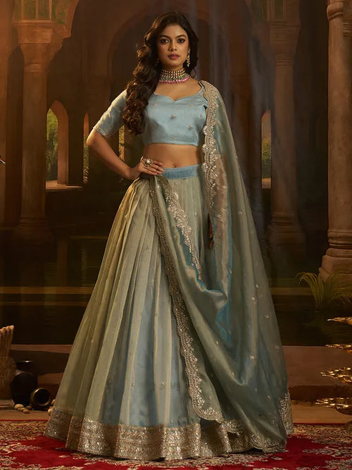 Blue organza silk festive lehenga set for women by Viyanka Collections
