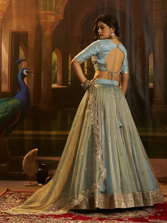 Blue organza silk festive lehenga set for women by Viyanka Collections
